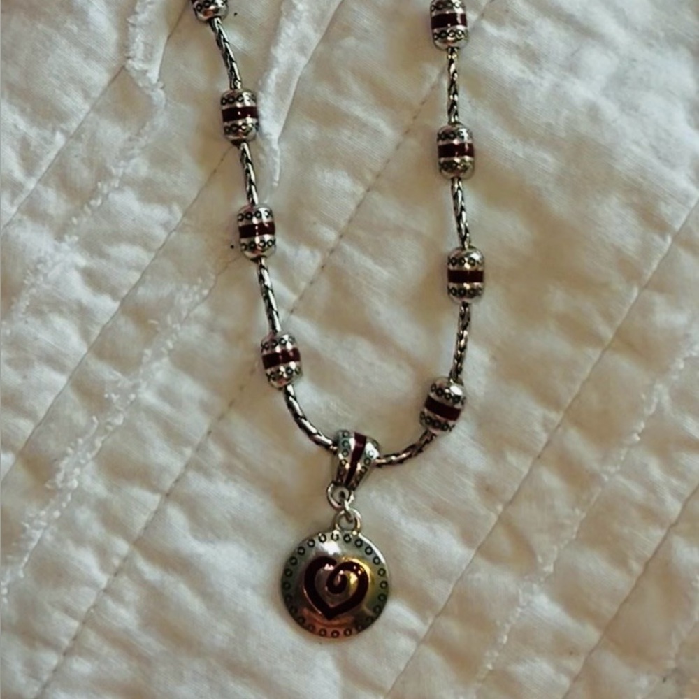 Brighton Heart Pendant Necklace Silver Beaded Chain Red Enamel Station Signed